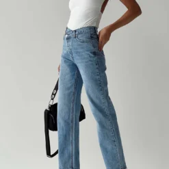 Princess Polly Holly Asymmetric Straight Leg Jean Light Wash Denim