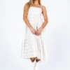 Princess Polly Nicola Midi Dress Beige / White -Cheap Clothifyx Store 1 modelinfo Josie us4 414ed752 169a 4a2e a156 53513f1a47de
