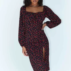 Princess Polly Ezra Long Sleeve Midi Dress Black / Red