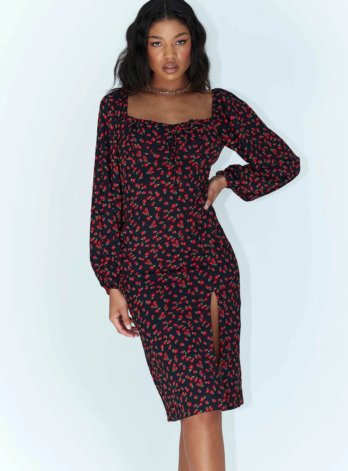 Princess Polly Ezra Long Sleeve Midi Dress Black / Red 3 Princess Polly Ezra Long Sleeve Midi Dress Black / Red