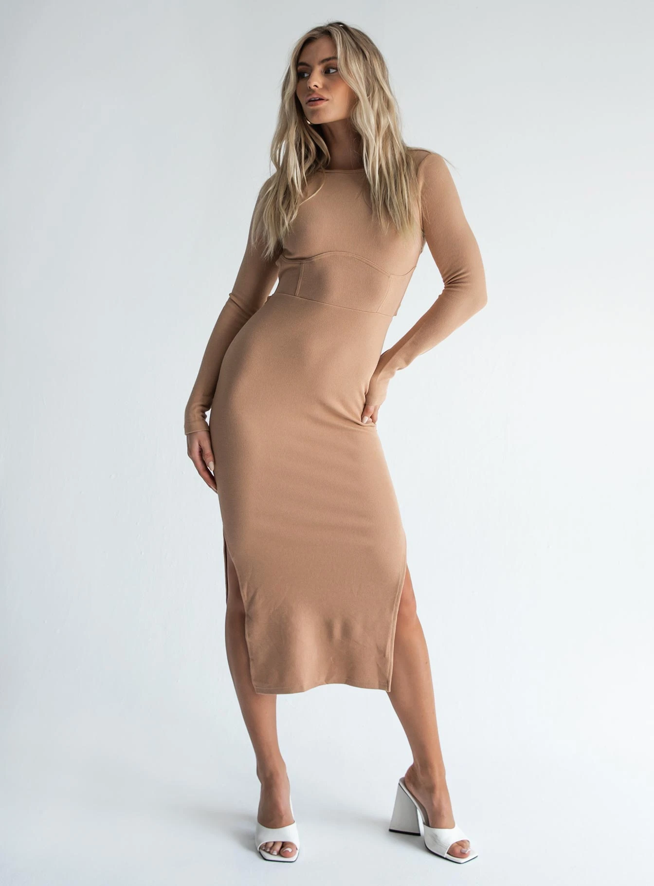 Princess Polly Hayden Long Sleeve Midi Dress Beige 3 Princess Polly Hayden Long Sleeve Midi Dress Beige
