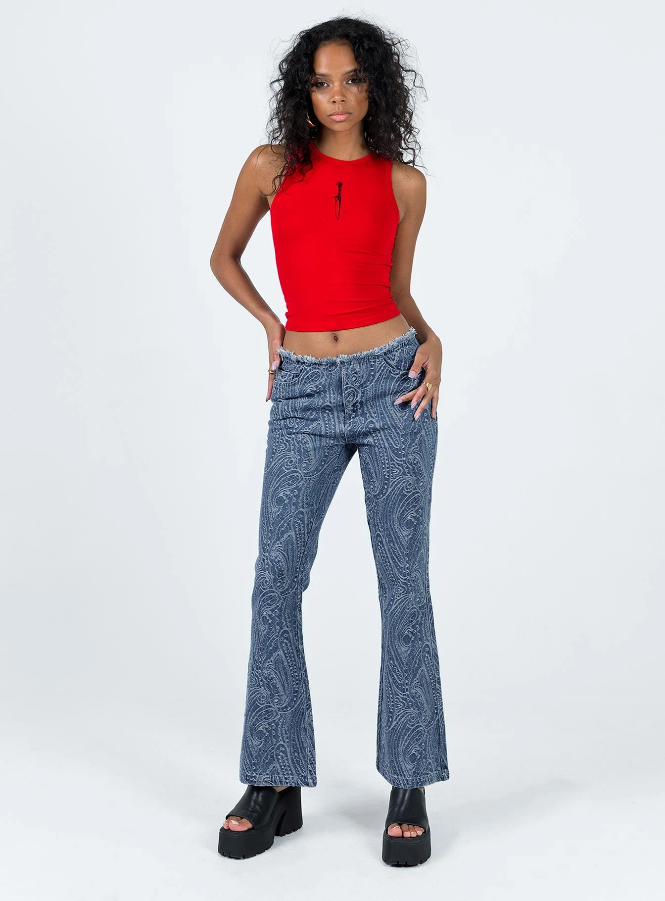 Princess Polly Loweana Low Rise Jacquard Flare Jean Blue Denim 5 Princess Polly Loweana Low Rise Jacquard Flare Jean Blue Denim - Image 3