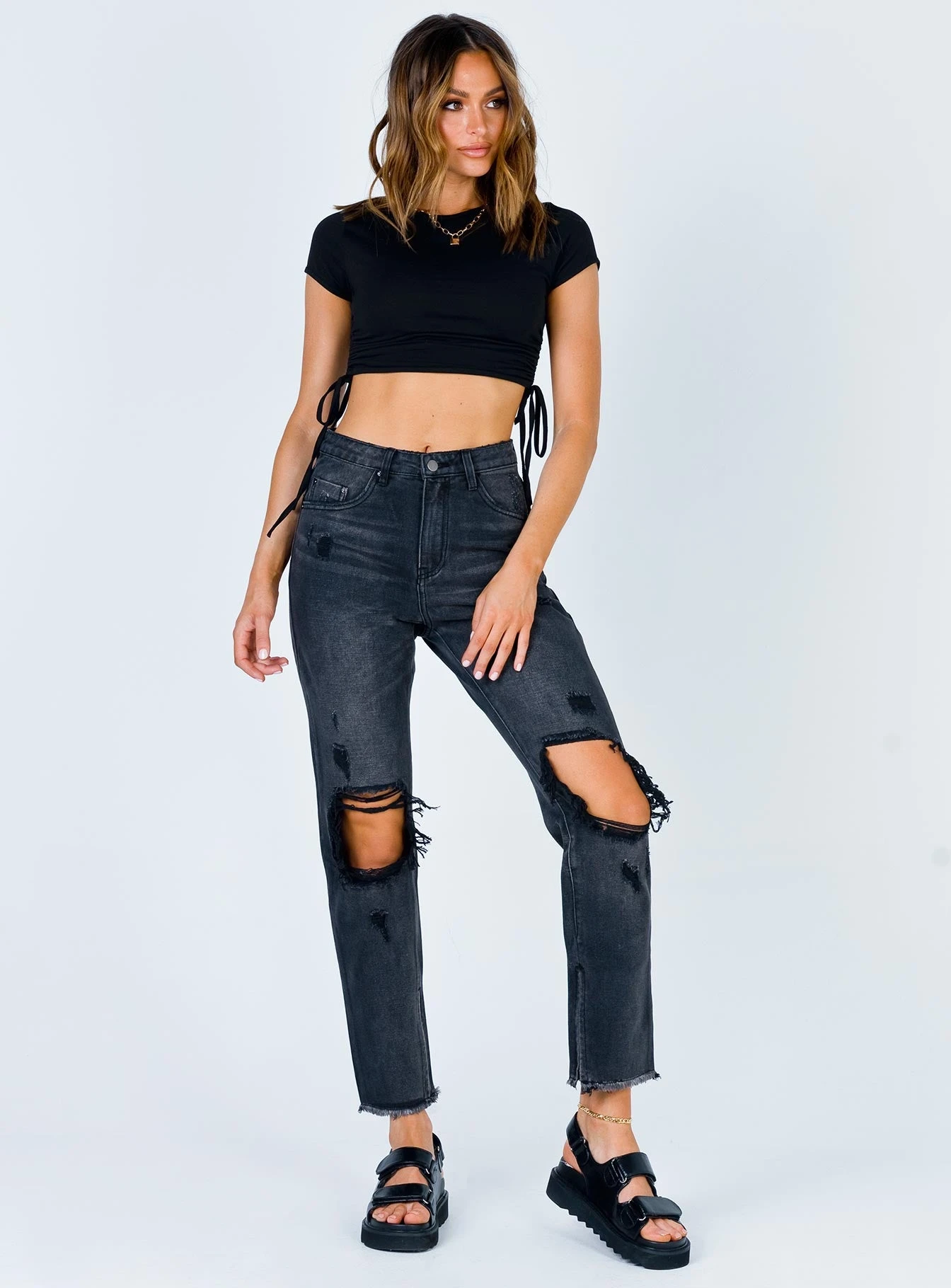 Princess Polly Erissa Knee Rip Jeans Washed Black Denim 5 Princess Polly Erissa Knee Rip Jeans Washed Black Denim - Image 3