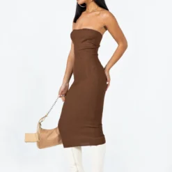 Princess Polly Paige Strapless Midi Dress Brown -Cheap Clothifyx Store 3 modelinfo christy us2 d6e21340 2770 40e7 80c4 292f9866edae