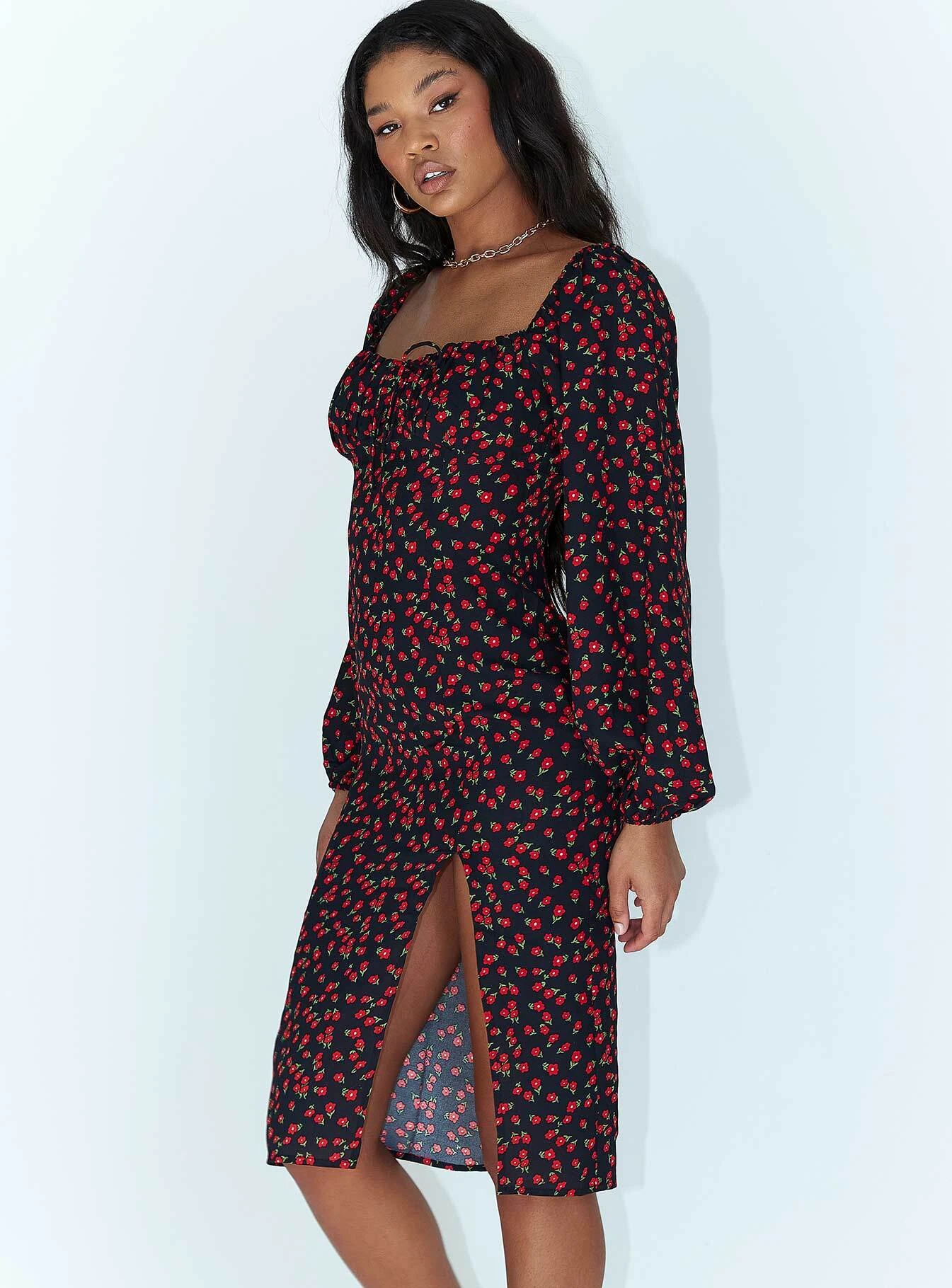 Princess Polly Ezra Long Sleeve Midi Dress Black / Red 5 Princess Polly Ezra Long Sleeve Midi Dress Black / Red - Image 3