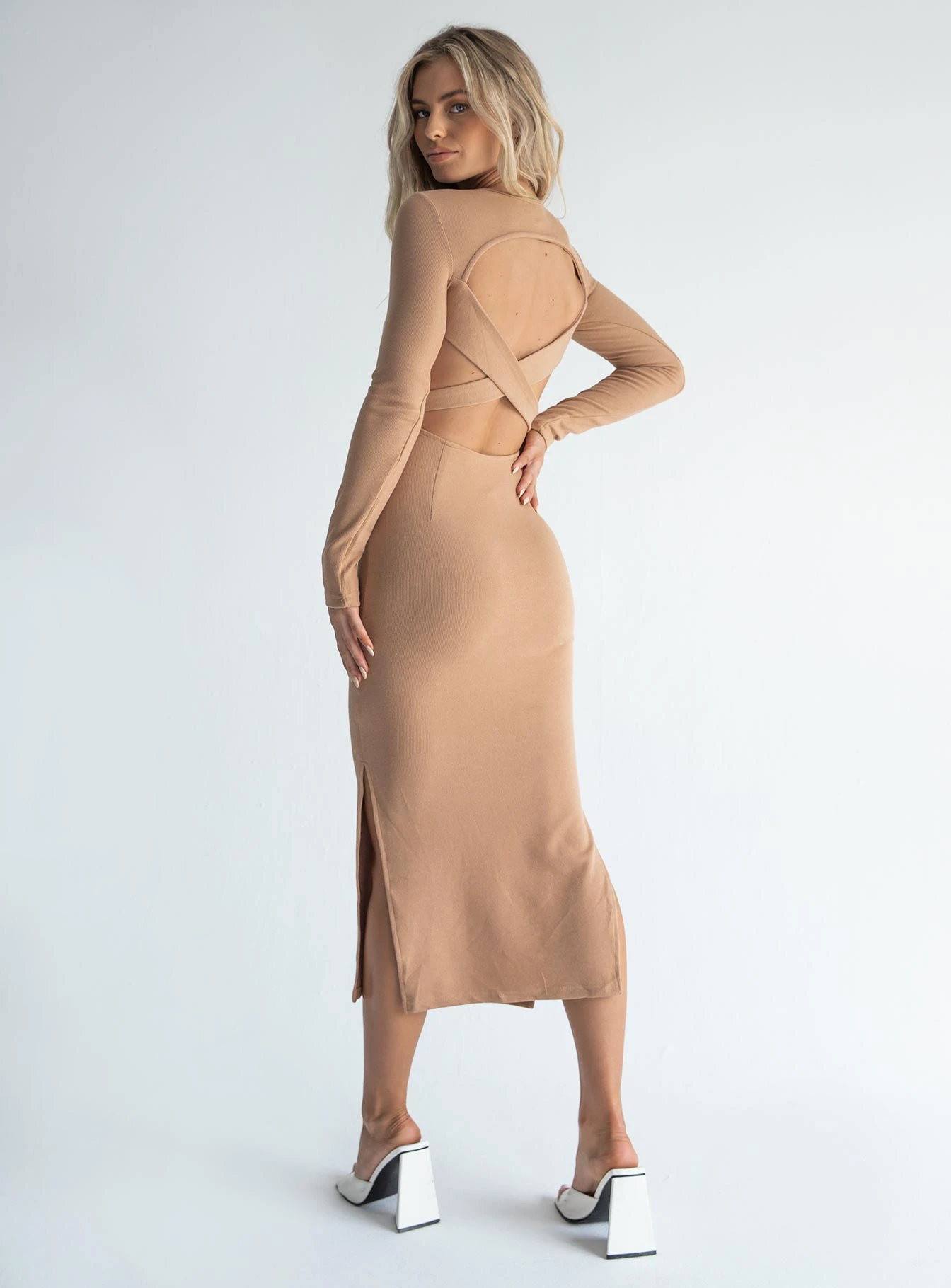 Princess Polly Hayden Long Sleeve Midi Dress Beige 6 Princess Polly Hayden Long Sleeve Midi Dress Beige - Image 4