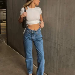 Princess Polly Holly Asymmetric Straight Leg Jean Mid Wash Denim